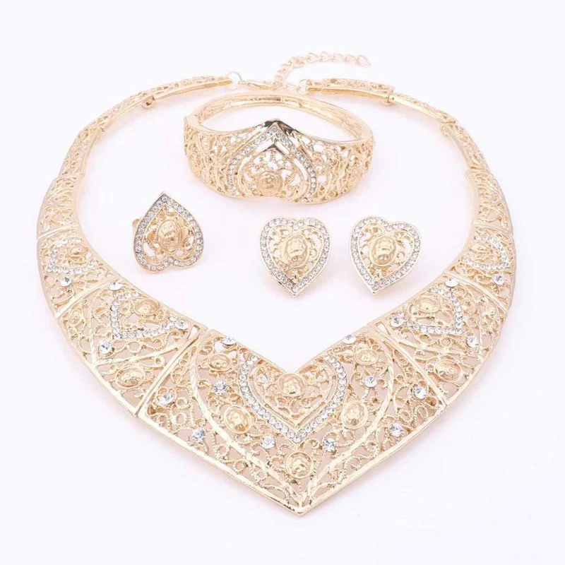 Hochzeit Braut Kostüm Schmuck Sets Dubai Indische Gold Farbe Herzförmige Halskette Ohrringe Ring Sets Für Frauen