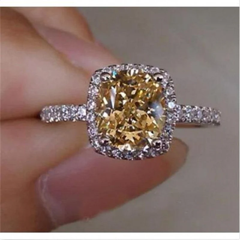 Eheringe aus Sterlingsilber für Damen, Prinzessinnenschliff, gelber 5a CZ-Verlobungsring, künstlicher Diamant, Platin-Schmuck