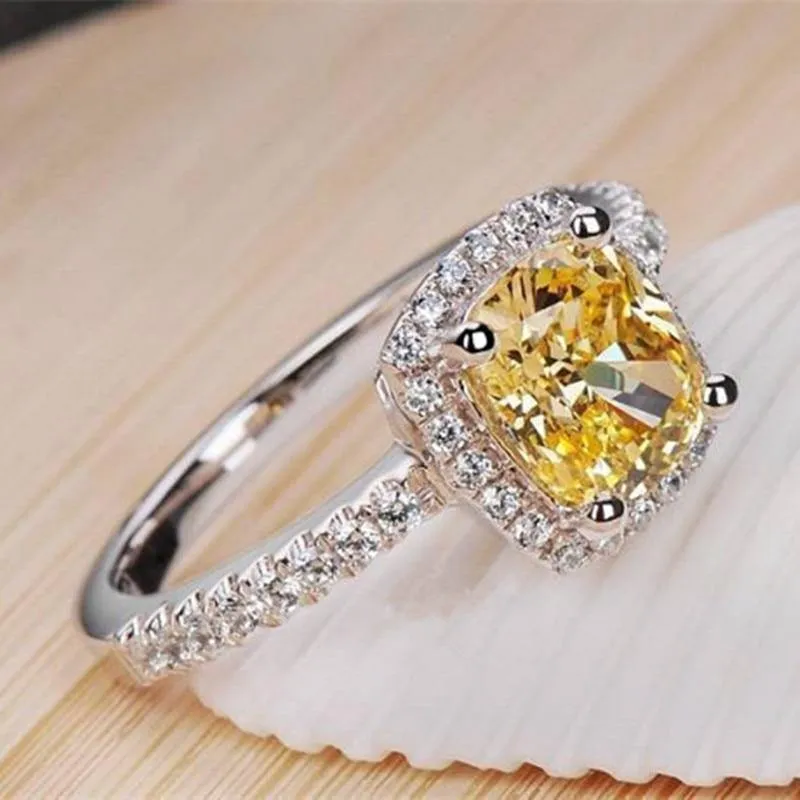 Eheringe aus Sterlingsilber für Damen, Prinzessinnenschliff, gelber 5a CZ-Verlobungsring, künstlicher Diamant, Platin-Schmuck