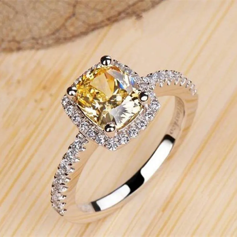 Eheringe aus Sterlingsilber für Damen, Prinzessinnenschliff, gelber 5a CZ-Verlobungsring, künstlicher Diamant, Platin-Schmuck