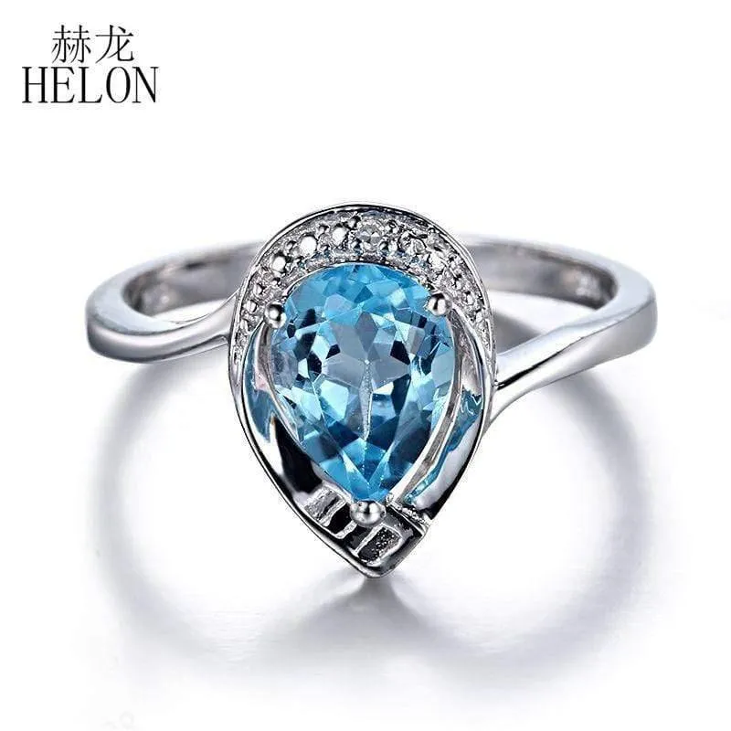 Edelstein Diamanten Schmuck Ring massiv 10K Weißgold Naturdiamanten Schmuck 8x6mm Birnenschliff Blautopas Ehering