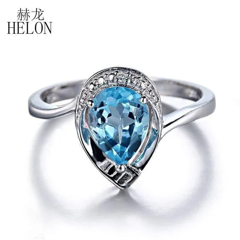 Edelstein Diamanten Schmuck Ring massiv 10K Weißgold Naturdiamanten Schmuck 8x6mm Birnenschliff Blautopas Ehering