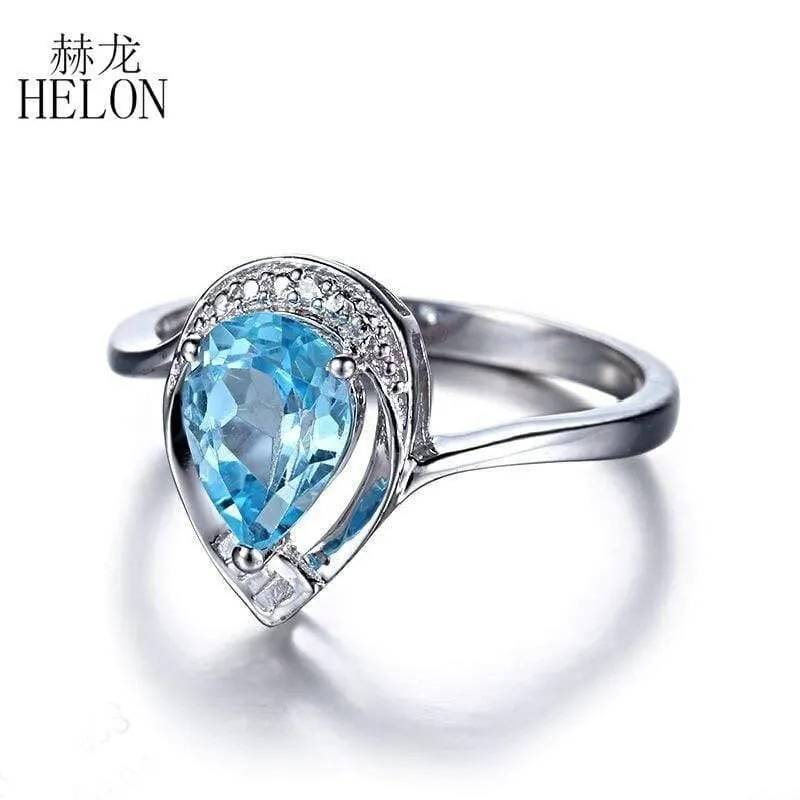 Edelstein Diamanten Schmuck Ring massiv 10K Weißgold Naturdiamanten Schmuck 8x6mm Birnenschliff Blautopas Ehering