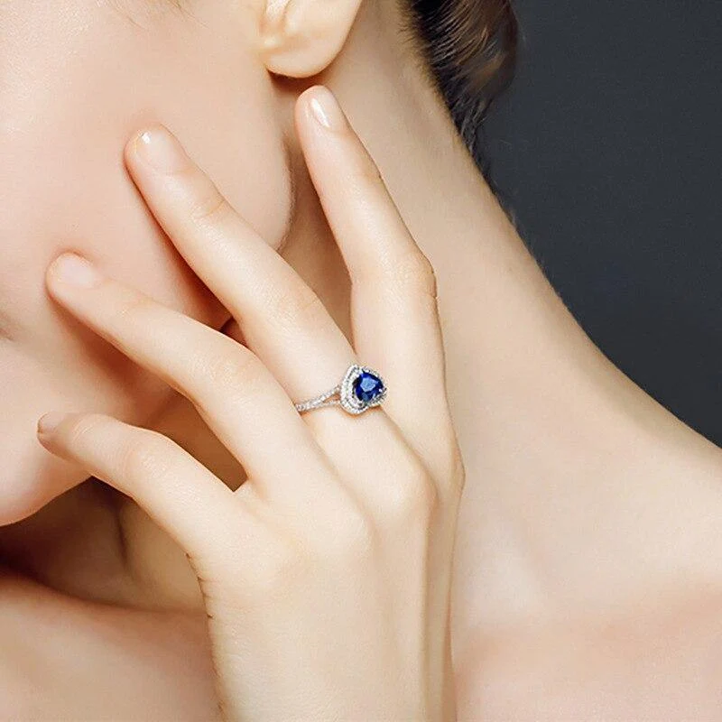 Ring aus massivem 925er-Sterlingsilber, königsblauer Herz-Saphir-Edelstein, Hochzeit, Verlobung, Diamanten, edler Schmuck im Großhandel
