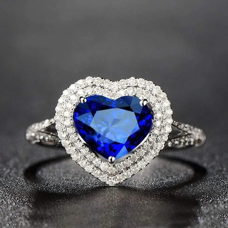 Ring aus massivem 925er-Sterlingsilber, königsblauer Herz-Saphir-Edelstein, Hochzeit, Verlobung, Diamanten, edler Schmuck im Großhandel