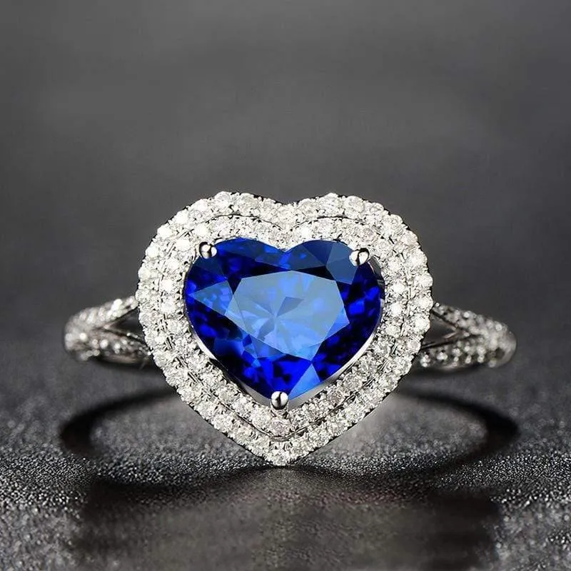 Ring aus massivem 925er-Sterlingsilber, königsblauer Herz-Saphir-Edelstein, Hochzeit, Verlobung, Diamanten, edler Schmuck im Großhandel