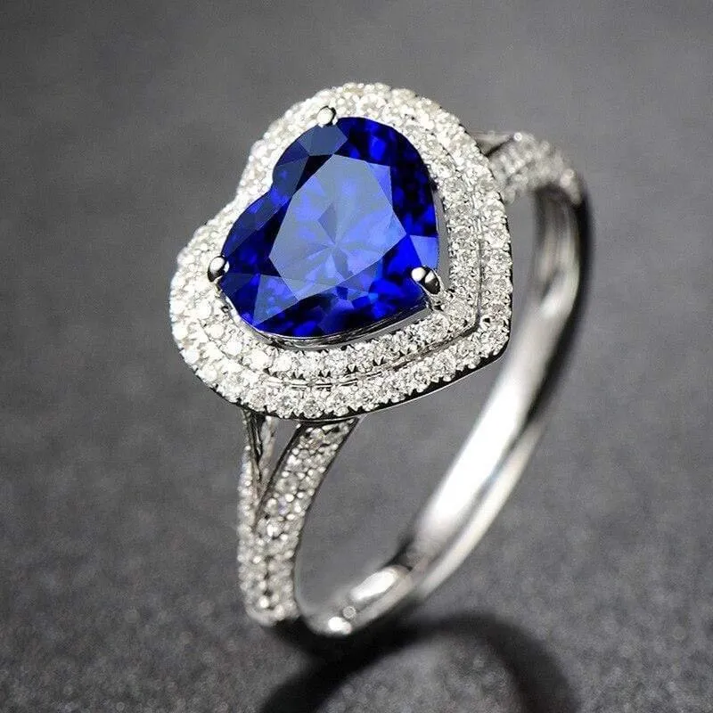 Ring aus massivem 925er-Sterlingsilber, königsblauer Herz-Saphir-Edelstein, Hochzeit, Verlobung, Diamanten, edler Schmuck im Großhandel