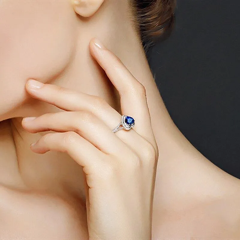 Ring aus massivem 925er-Sterlingsilber, königsblauer Herz-Saphir-Edelstein, Hochzeit, Verlobung, Diamanten, edler Schmuck im Großhandel