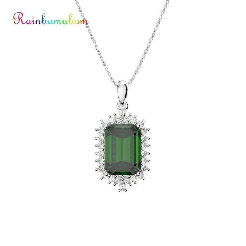 925 Sterling Silber Smaragd Edelstein Diamanten Weißgold Damen Anhänger Halskette Feiner Schmuck Großhandel