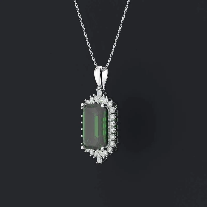 925 Sterling Silber Smaragd Edelstein Diamanten Weißgold Damen Anhänger Halskette Feiner Schmuck Großhandel
