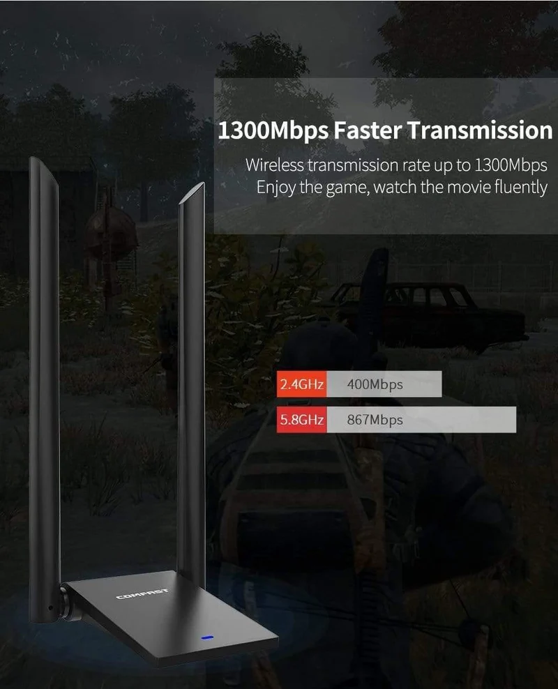 USB 3.0 Wireless WLAN-Adapter Dual Band 2.4 + 5 GHz 150–1300 Mbit/s 802.11AC 802.11 a/b/n/g/ac mit 2 x 6 dBi WLAN-Antennen