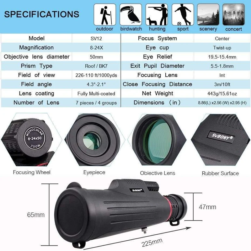 8-24x50 Zoom Monokular Hohe Vergrößerung FMC Glaslinse HD Teleskop Fernglas für die Jagd Wandern Camping F9325A
