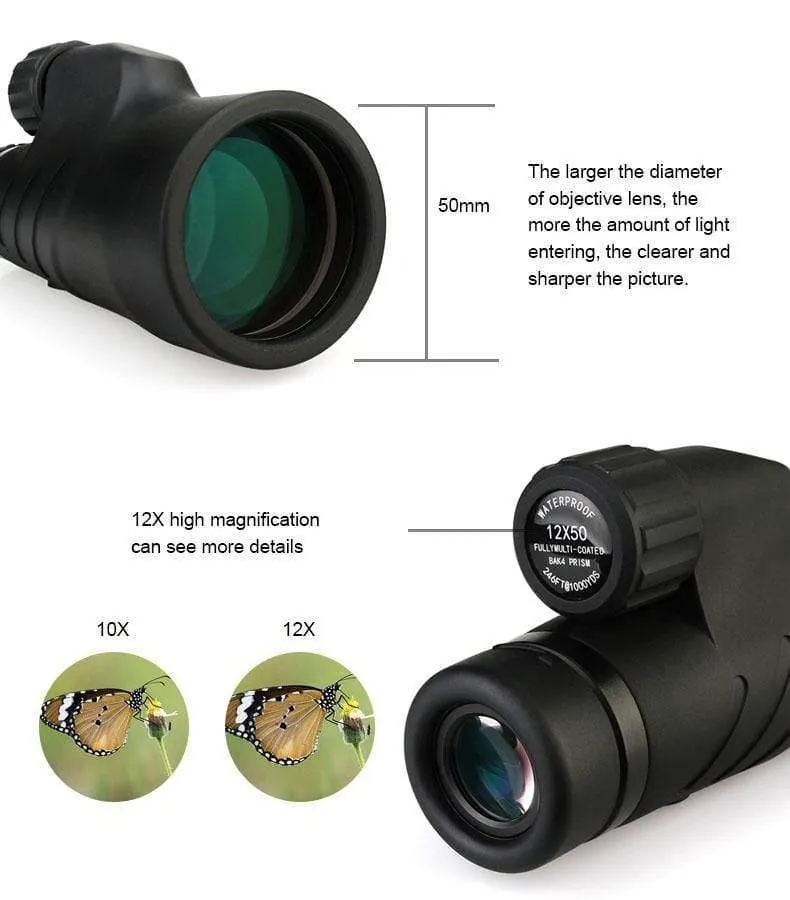 12x50 Monokular BaK4 Prisma Voll mehrfach beschichtete Monokulare IPX7 Wasserdichte Teleskope Camping Wandern Jagd Spyglass F9338D