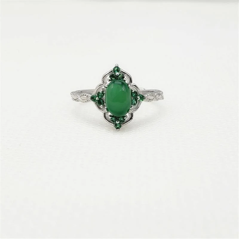 925 Sterling Silber Grüner Chalcedon Edelstein Vintage Diamant Ring S925 Echt Reines Silber Smaragd Edelstein Retro Damen Offener Ring