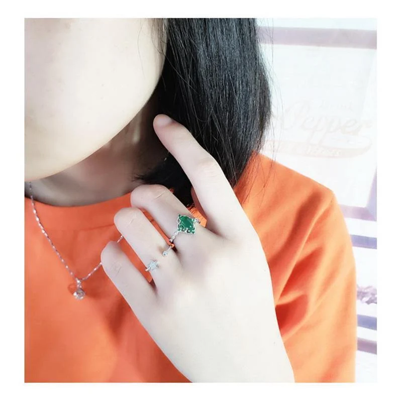 925 Sterling Silber Grüner Chalcedon Edelstein Vintage Diamant Ring S925 Echt Reines Silber Smaragd Edelstein Retro Damen Offener Ring