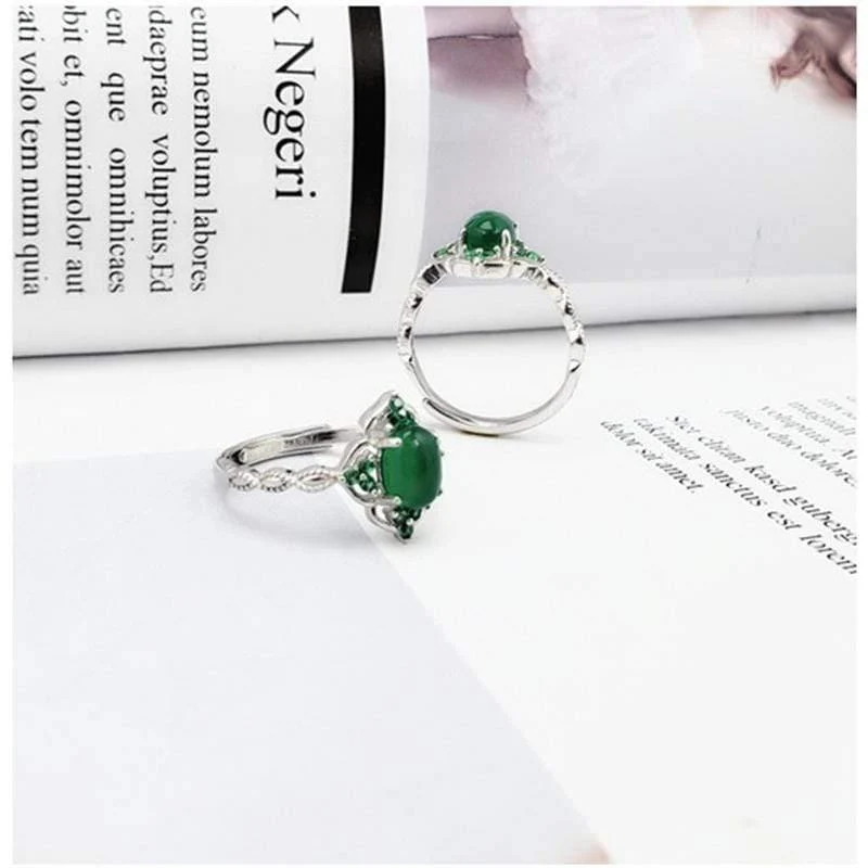 925 Sterling Silber Grüner Chalcedon Edelstein Vintage Diamant Ring S925 Echt Reines Silber Smaragd Edelstein Retro Damen Offener Ring