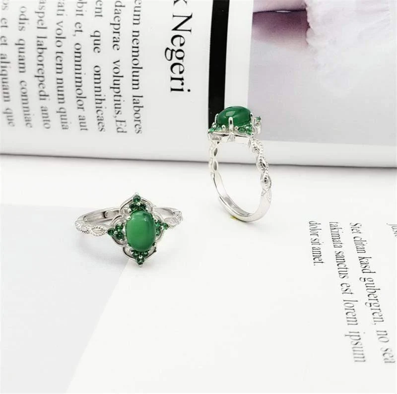 925 Sterling Silber Grüner Chalcedon Edelstein Vintage Diamant Ring S925 Echt Reines Silber Smaragd Edelstein Retro Damen Offener Ring