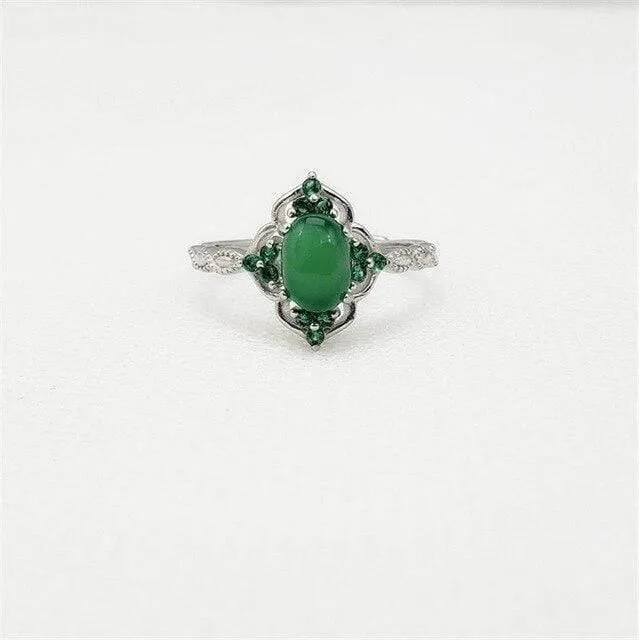 925 Sterling Silber Grüner Chalcedon Edelstein Vintage Diamant Ring S925 Echt Reines Silber Smaragd Edelstein Retro Damen Offener Ring