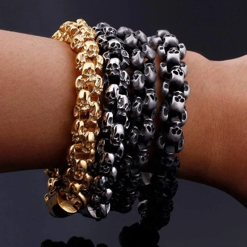 22.5cm Lange Schädel Armbänder Für Männer Edelstahl Glänzende Schädel Charme Gliederkette Brecelets Männlichen Gothic Schmuck