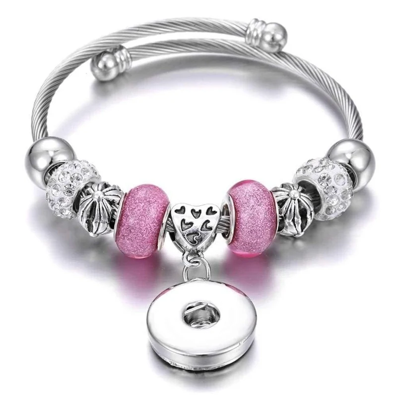 Armbänder für 18-mm-Druckknöpfe, Schmuck, elastisch, silberfarbene Perlen, Druckknopf-Armband, Armreifen, passend für Druckknöpfe, Schmuck-Charms-Armband