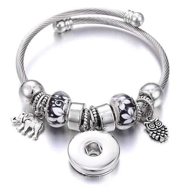 Armbänder für 18-mm-Druckknöpfe, Schmuck, elastisch, silberfarbene Perlen, Druckknopf-Armband, Armreifen, passend für Druckknöpfe, Schmuck-Charms-Armband