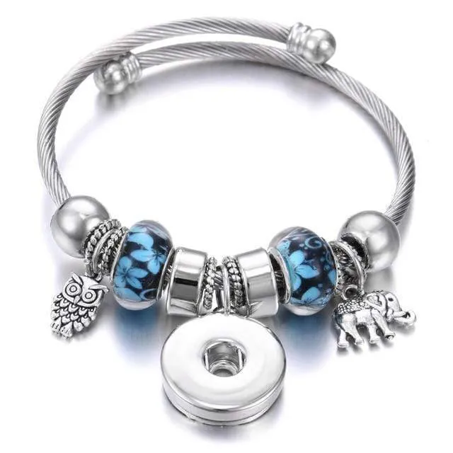 Armbänder für 18-mm-Druckknöpfe, Schmuck, elastisch, silberfarbene Perlen, Druckknopf-Armband, Armreifen, passend für Druckknöpfe, Schmuck-Charms-Armband