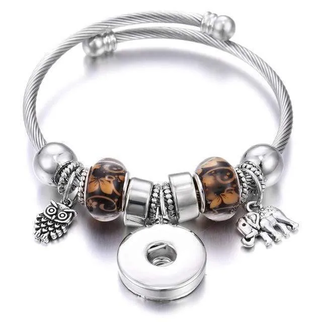 Armbänder für 18-mm-Druckknöpfe, Schmuck, elastisch, silberfarbene Perlen, Druckknopf-Armband, Armreifen, passend für Druckknöpfe, Schmuck-Charms-Armband