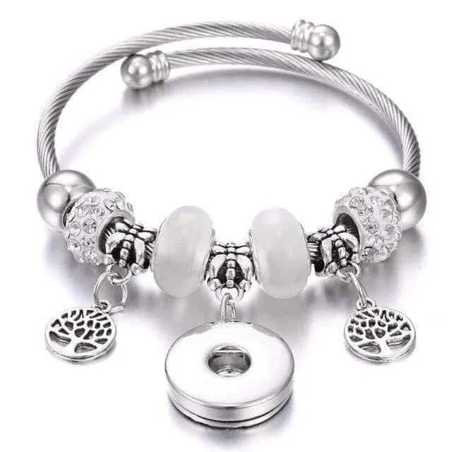 Armbänder für 18-mm-Druckknöpfe, Schmuck, elastisch, silberfarbene Perlen, Druckknopf-Armband, Armreifen, passend für Druckknöpfe, Schmuck-Charms-Armband