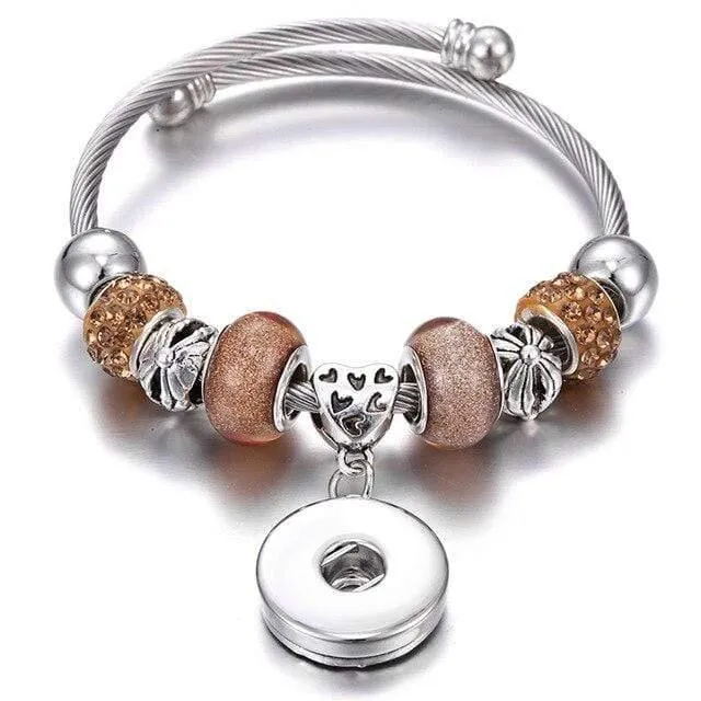 Armbänder für 18-mm-Druckknöpfe, Schmuck, elastisch, silberfarbene Perlen, Druckknopf-Armband, Armreifen, passend für Druckknöpfe, Schmuck-Charms-Armband