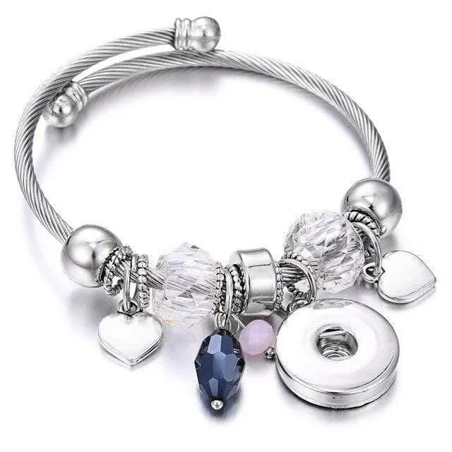 Armbänder für 18-mm-Druckknöpfe, Schmuck, elastisch, silberfarbene Perlen, Druckknopf-Armband, Armreifen, passend für Druckknöpfe, Schmuck-Charms-Armband