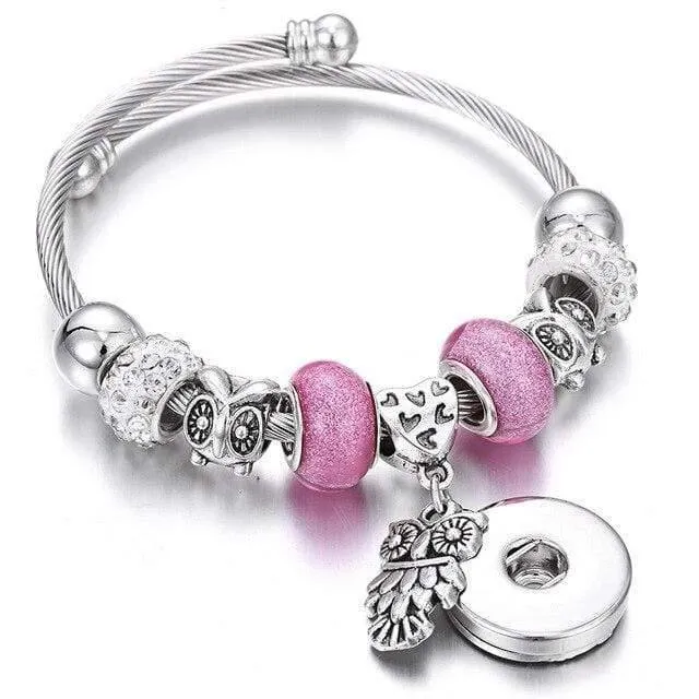 Armbänder für 18-mm-Druckknöpfe, Schmuck, elastisch, silberfarbene Perlen, Druckknopf-Armband, Armreifen, passend für Druckknöpfe, Schmuck-Charms-Armband