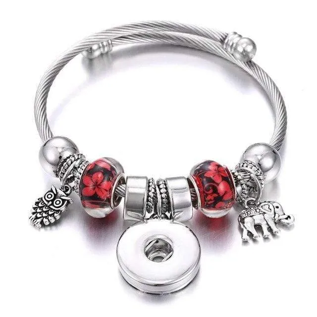 Armbänder für 18-mm-Druckknöpfe, Schmuck, elastisch, silberfarbene Perlen, Druckknopf-Armband, Armreifen, passend für Druckknöpfe, Schmuck-Charms-Armband