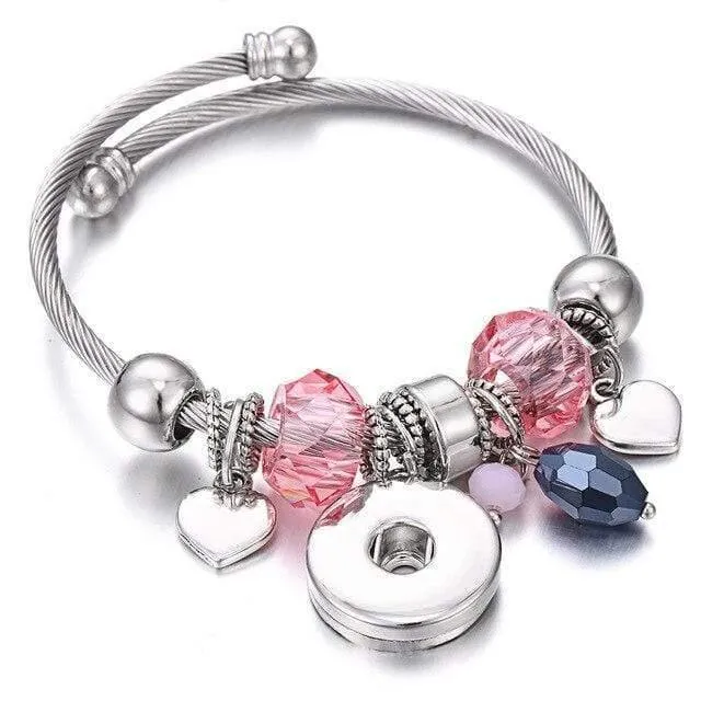 Armbänder für 18-mm-Druckknöpfe, Schmuck, elastisch, silberfarbene Perlen, Druckknopf-Armband, Armreifen, passend für Druckknöpfe, Schmuck-Charms-Armband