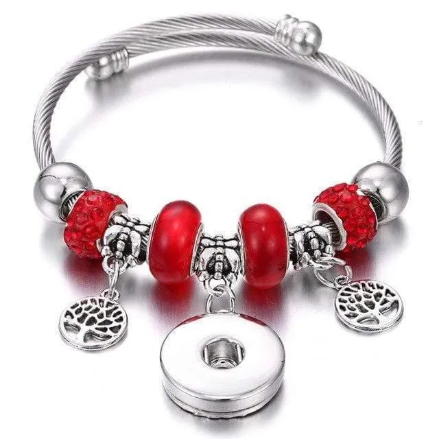 Armbänder für 18-mm-Druckknöpfe, Schmuck, elastisch, silberfarbene Perlen, Druckknopf-Armband, Armreifen, passend für Druckknöpfe, Schmuck-Charms-Armband