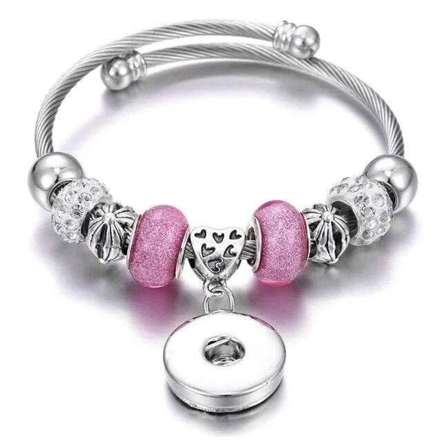 Armbänder für 18-mm-Druckknöpfe, Schmuck, elastisch, silberfarbene Perlen, Druckknopf-Armband, Armreifen, passend für Druckknöpfe, Schmuck-Charms-Armband