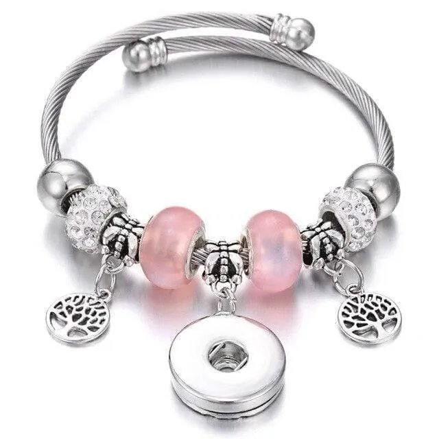 Armbänder für 18-mm-Druckknöpfe, Schmuck, elastisch, silberfarbene Perlen, Druckknopf-Armband, Armreifen, passend für Druckknöpfe, Schmuck-Charms-Armband