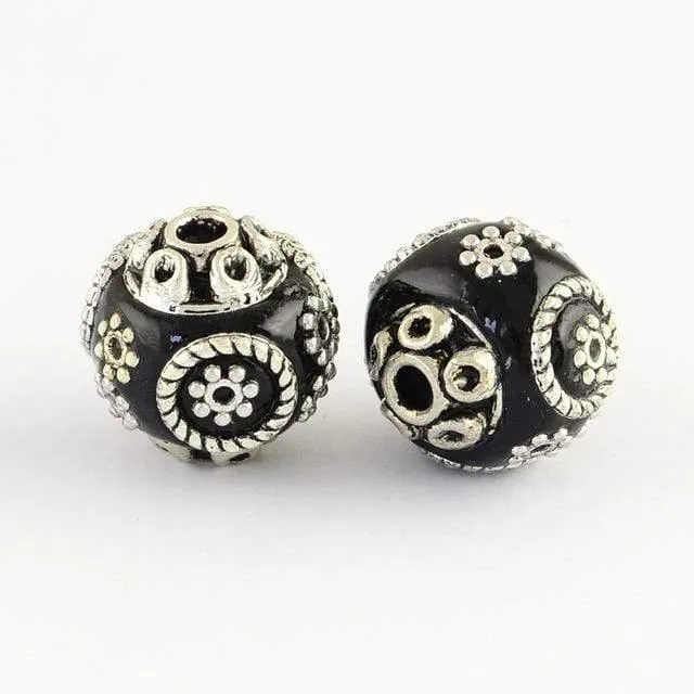 10pcs Runde handgemachte Indonesien Perlen für DIY Schmuckherstellung mit Alloy Cores, Antik Silber, 15x14mm, Loch: 2mm F70