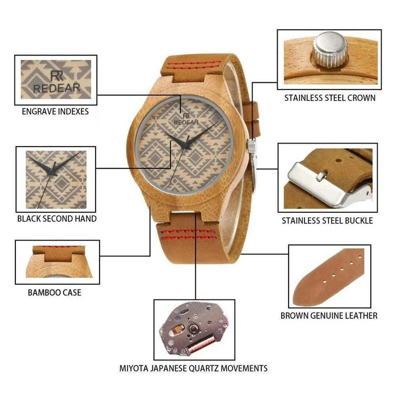 Der Bambus des Liebhabers passt Retro spezielle wellenförmige Linien Frauen-Uhr-echtes Leder-Uhrenarmband-Geburtstags-Geschenke auf