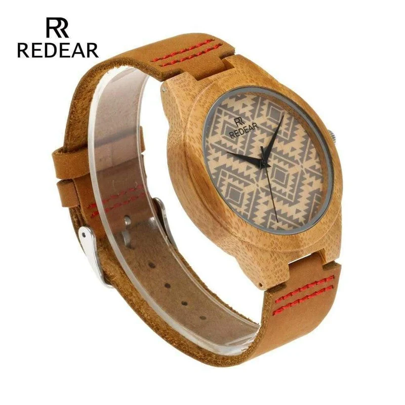 Der Bambus des Liebhabers passt Retro spezielle wellenförmige Linien Frauen-Uhr-echtes Leder-Uhrenarmband-Geburtstags-Geschenke auf