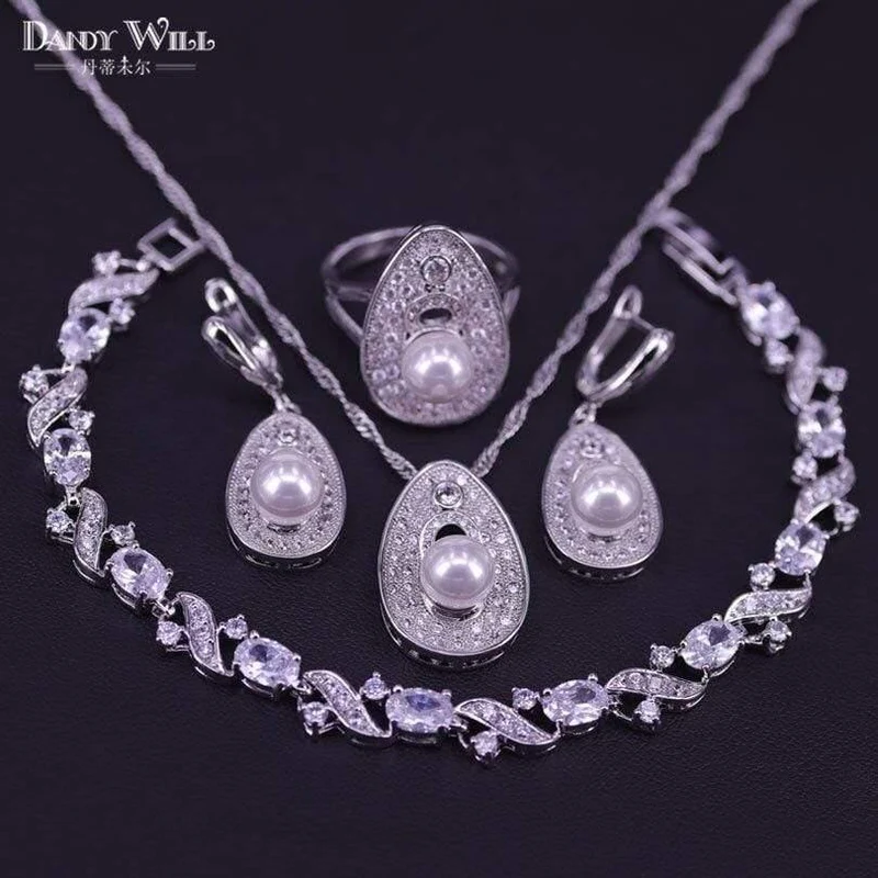 925 Sterling Silber Braut Perlen Schmuck Sets Frauen Hochzeit Schmuck Mit Perle Zirkon Tropfen Ohrringe Ring Anhänger Halskette Set