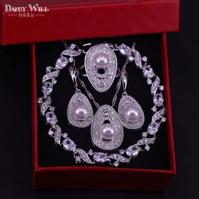925 Sterling Silber Braut Perlen Schmuck Sets Frauen Hochzeit Schmuck Mit Perle Zirkon Tropfen Ohrringe Ring Anhänger Halskette Set