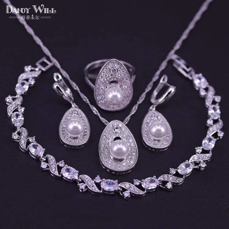 925 Sterling Silber Braut Perlen Schmuck Sets Frauen Hochzeit Schmuck Mit Perle Zirkon Tropfen Ohrringe Ring Anhänger Halskette Set