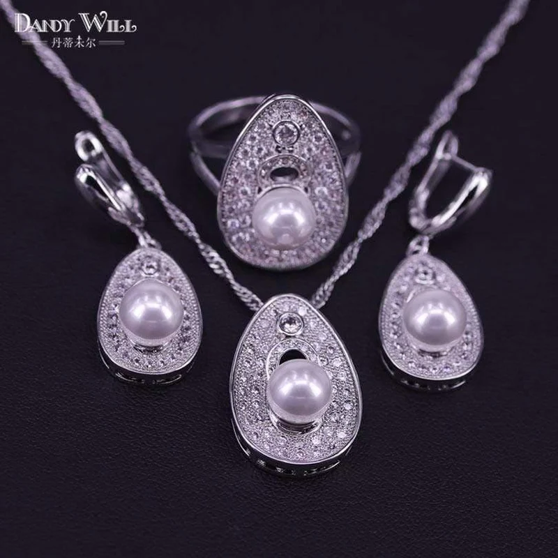 925 Sterling Silber Braut Perlen Schmuck Sets Frauen Hochzeit Schmuck Mit Perle Zirkon Tropfen Ohrringe Ring Anhänger Halskette Set
