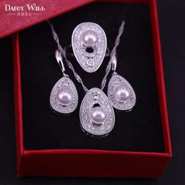 925 Sterling Silber Braut Perlen Schmuck Sets Frauen Hochzeit Schmuck Mit Perle Zirkon Tropfen Ohrringe Ring Anhänger Halskette Set