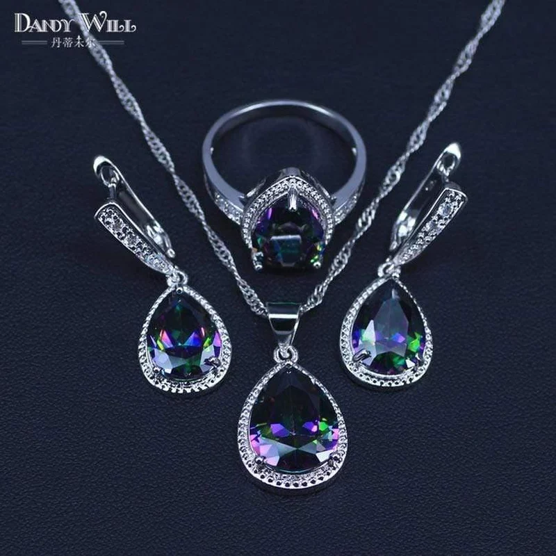 Schmuckset aus 925er Sterlingsilber mit mehrfarbigem Regenbogen-Zirkon für Damen, Halskette, Anhänger, Ohrringe, Ringe, inklusive Geschenkbox
