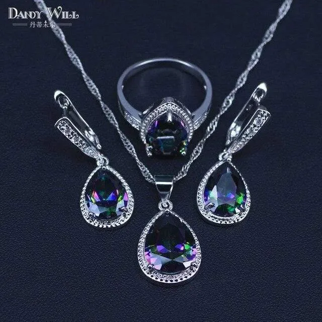 Schmuckset aus 925er Sterlingsilber mit mehrfarbigem Regenbogen-Zirkon für Damen, Halskette, Anhänger, Ohrringe, Ringe, inklusive Geschenkbox