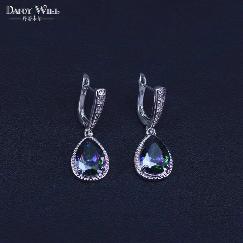 Schmuckset aus 925er Sterlingsilber mit mehrfarbigem Regenbogen-Zirkon für Damen, Halskette, Anhänger, Ohrringe, Ringe, inklusive Geschenkbox