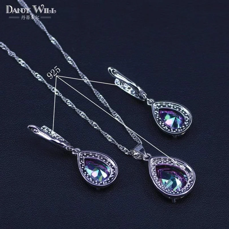 Schmuckset aus 925er Sterlingsilber mit mehrfarbigem Regenbogen-Zirkon für Damen, Halskette, Anhänger, Ohrringe, Ringe, inklusive Geschenkbox