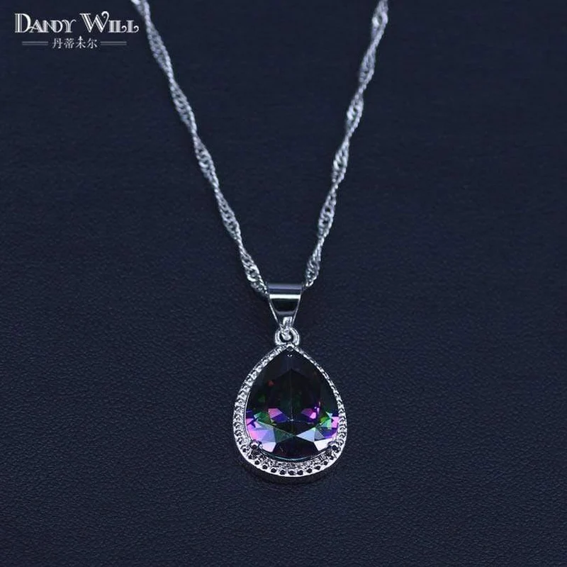 Schmuckset aus 925er Sterlingsilber mit mehrfarbigem Regenbogen-Zirkon für Damen, Halskette, Anhänger, Ohrringe, Ringe, inklusive Geschenkbox