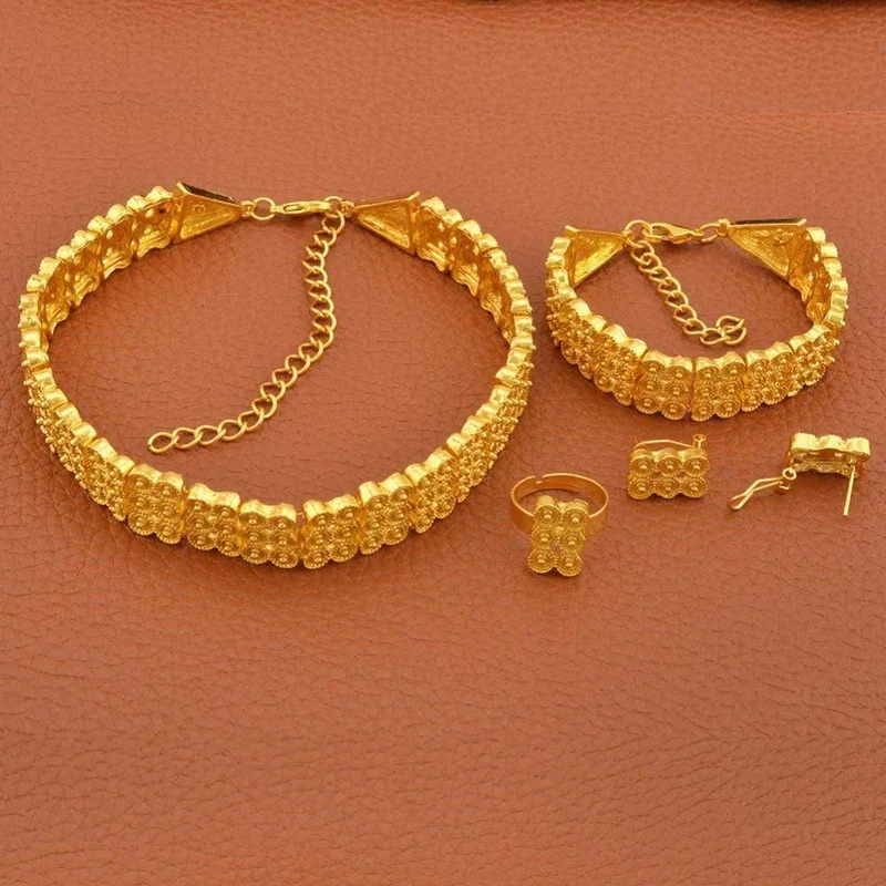 Hochzeitsgeschenke Ethiopian Chokers Halskette Armband Ohrring Gold Farbe Schmuck-Set #J0771